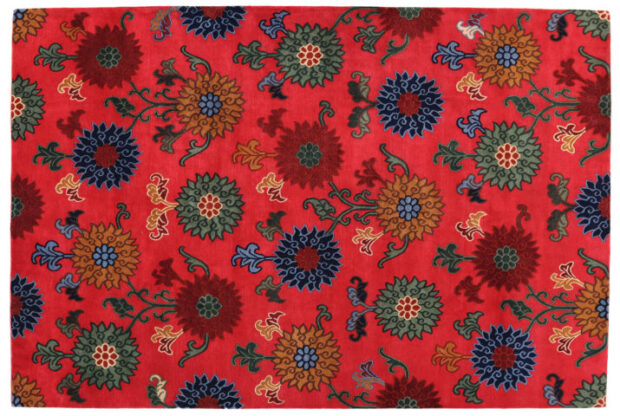 Hand-Knotted Red Wool Field Flower Rug:  8ft x 10ft