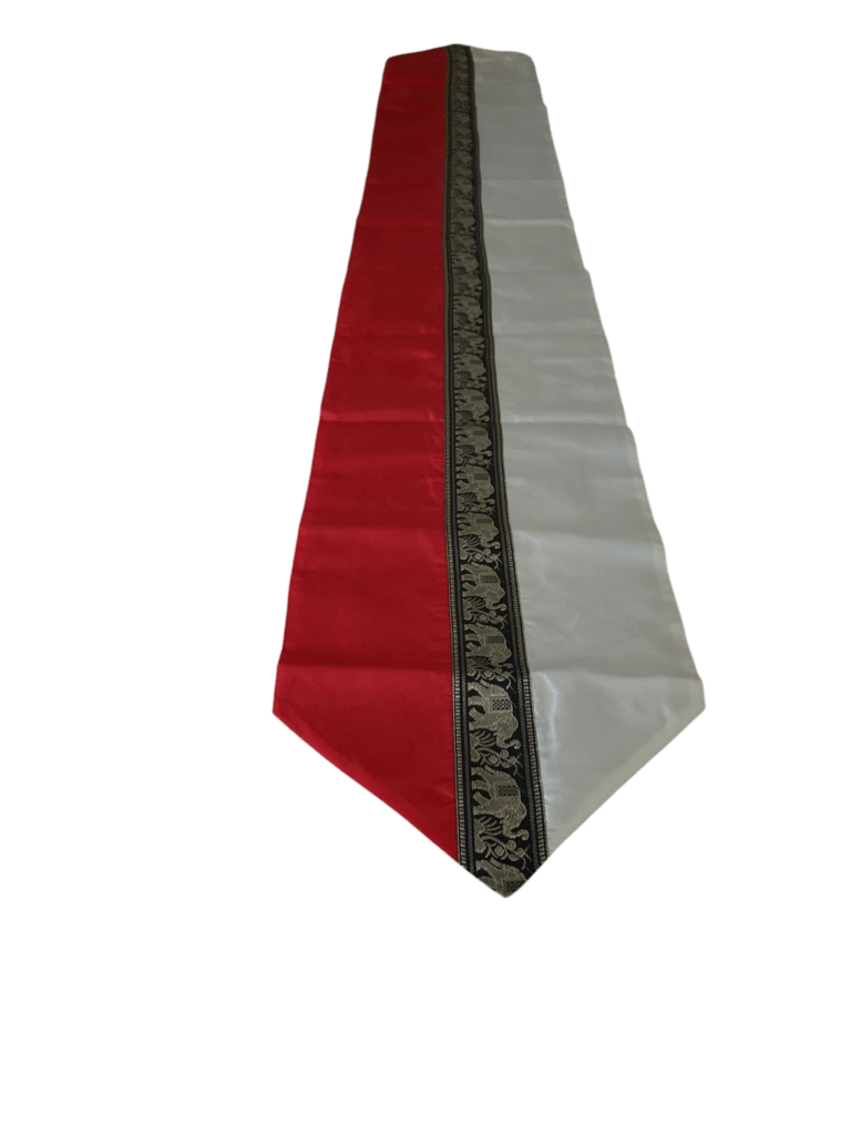 Decorative Thai Silk Table Runner with Golden Elephants – Red, White, and Black Design