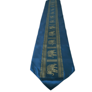 Royal Blue Thai Silk Table Runner with golden elephants, featuring a vibrant blue color and intricate golden elephant design at the center, measuring 79 inches by 12 inches.