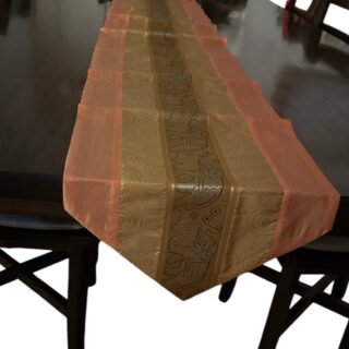 Thai Silk Table Runner with gold and coral tones, featuring an intricate elephant pattern with dimension : 79" x 13"