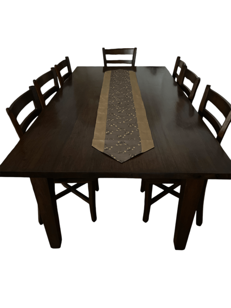 Handmade Thai silk table runner with a brown floral design, displayed on a wooden dining table. Dimension 79" x 13" '